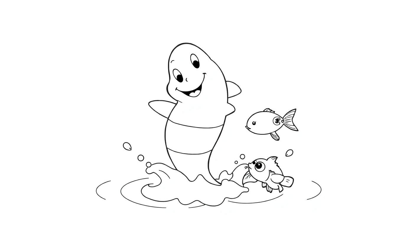 Um desenho em preto e branco de um golfinho sorridente pulando para fora da água, cercado por respingos e dois peixes curiosos. O design é infantil, com linhas simples e uma sensação de alegria.