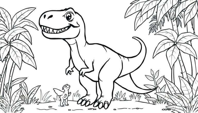 Desenho de um T-Rex sorrindo em uma floresta tropical, com um pequeno dinossauro voador. Estilo de livro de colorir.