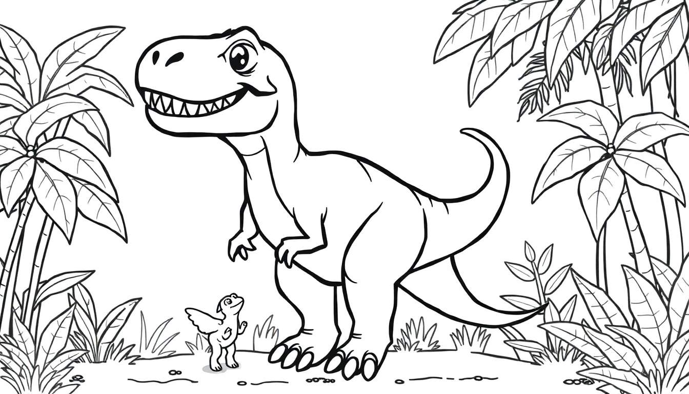 Desenho de um T-Rex sorrindo em uma floresta tropical, com um pequeno dinossauro voador. Estilo de livro de colorir.