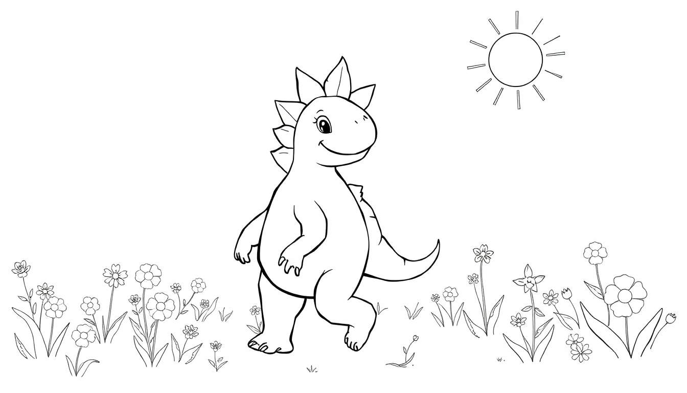 Um dinossauro sorridente em preto e branco com espinhos, caminhando em um campo de flores em direção ao sol.