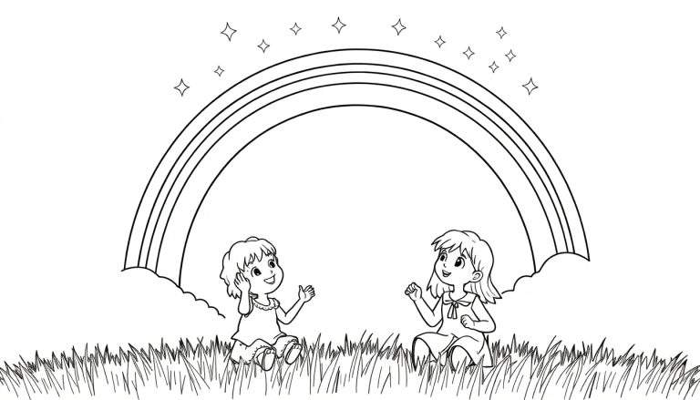 Desenho em preto e branco de duas meninas sentadas na grama sob um arco-íris, ideal para um color panel.
