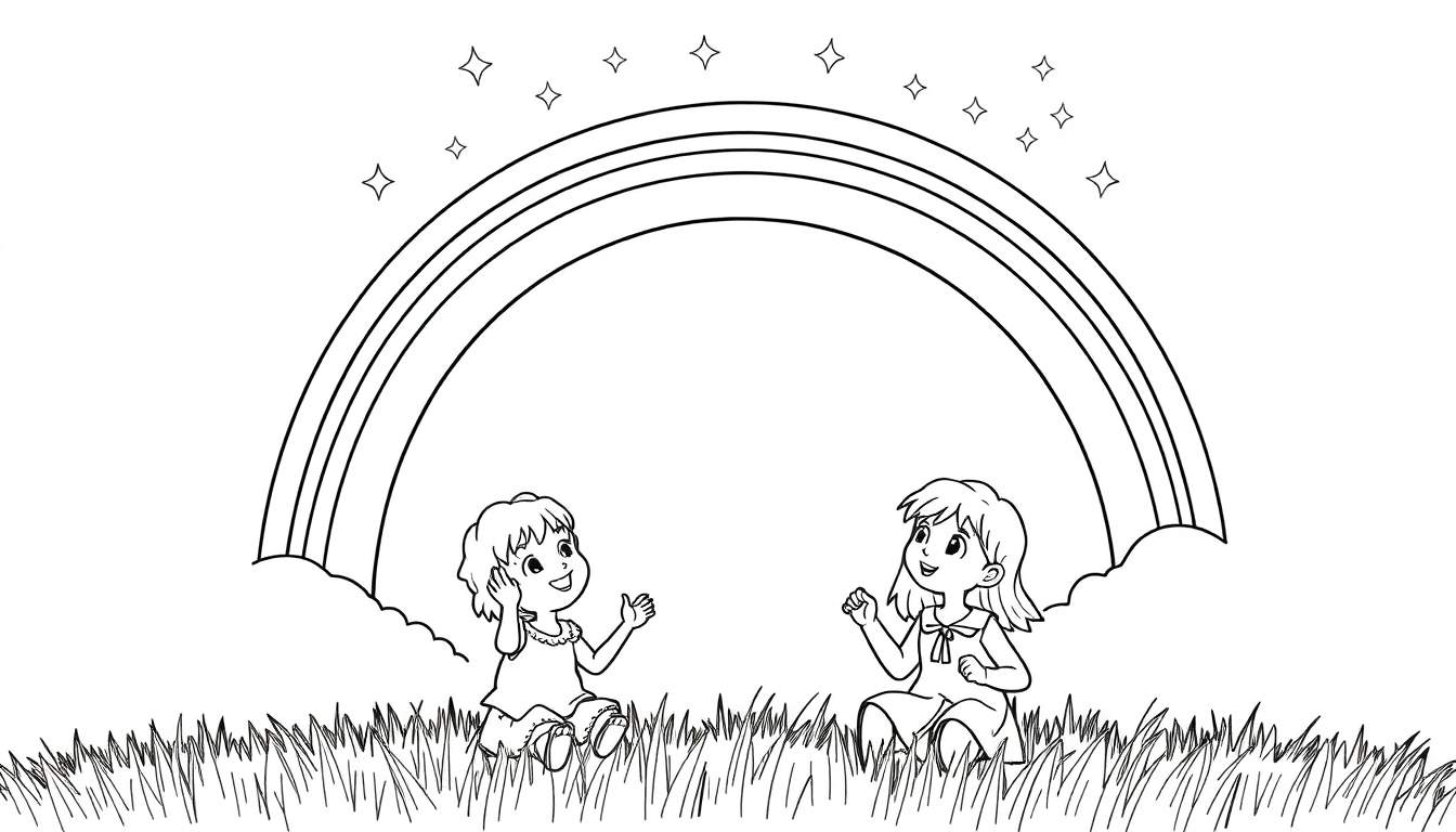 Desenho em preto e branco de duas meninas sentadas na grama sob um arco-íris, ideal para um color panel.