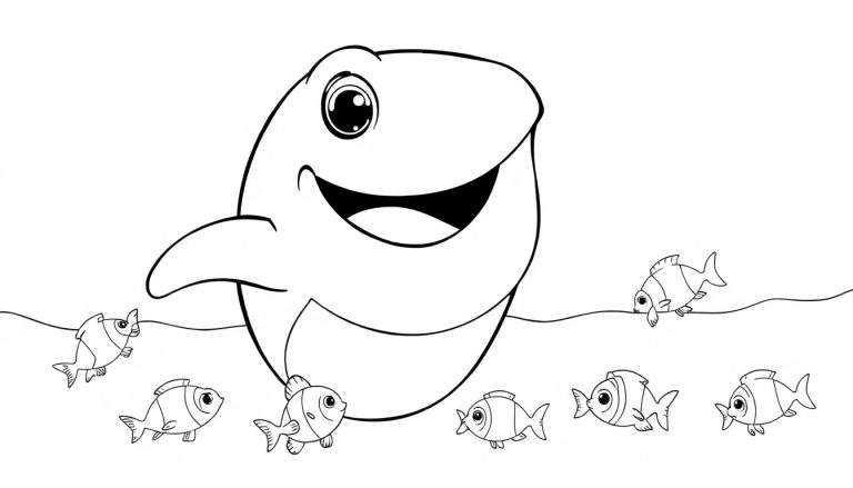 Um grande peixe sorridente em preto e branco sobre um fundo branco, com sete peixes menores abaixo.