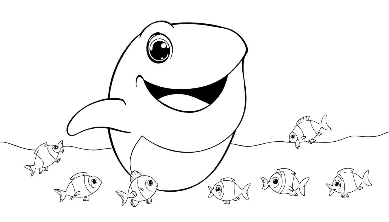 Um grande peixe sorridente em preto e branco sobre um fundo branco, com sete peixes menores abaixo.