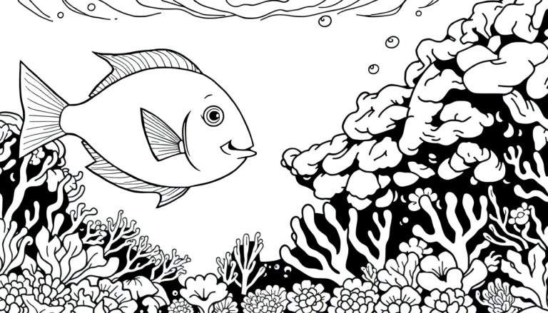 Ilustração em preto e branco de um peixe sorridente nadando em direção a um recife de coral vibrante, com bolhas e ondulações na superfície.