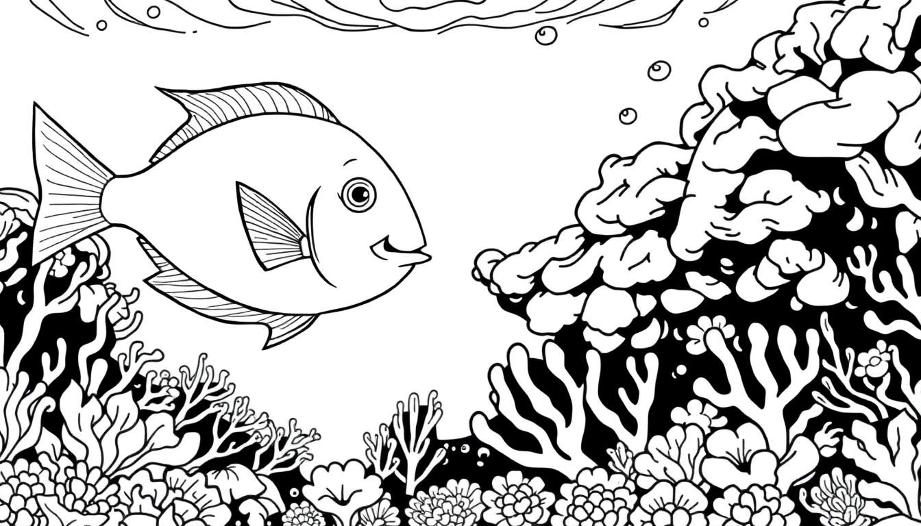 Ilustração em preto e branco de um peixe sorridente nadando em direção a um recife de coral vibrante, com bolhas e ondulações na superfície.