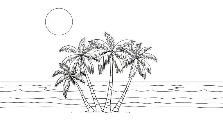 Um color panel de palmeiras sob um grande sol com o mar em preto e branco.