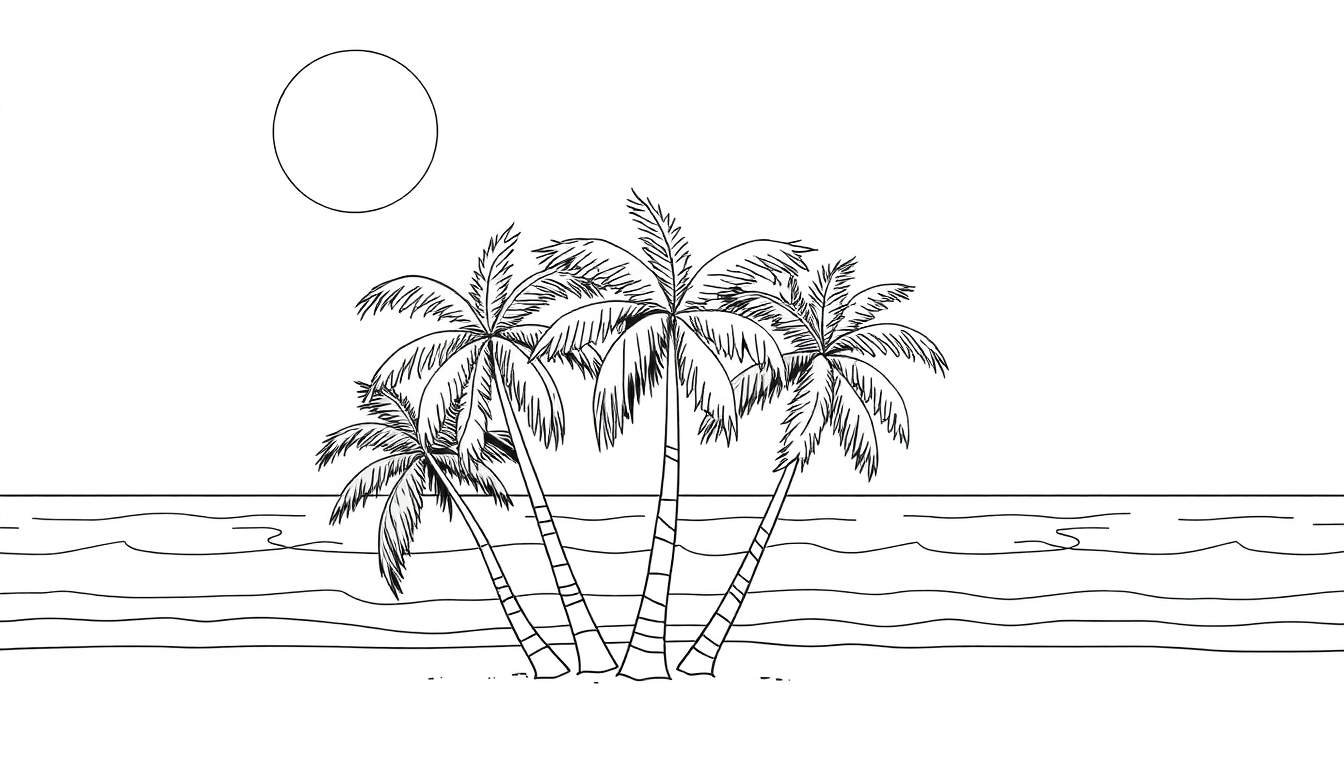Um color panel de palmeiras sob um grande sol com o mar em preto e branco.