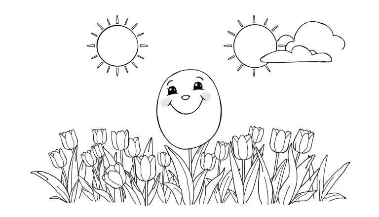 Um ovo sorridente em um campo de tulipas sob um céu com dois sóis, com um estilo de desenho de livro de colorir.