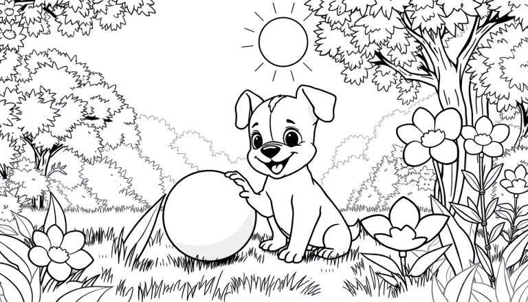 Um cachorrinho feliz sentado na grama ao lado de uma bola grande em um color panel.