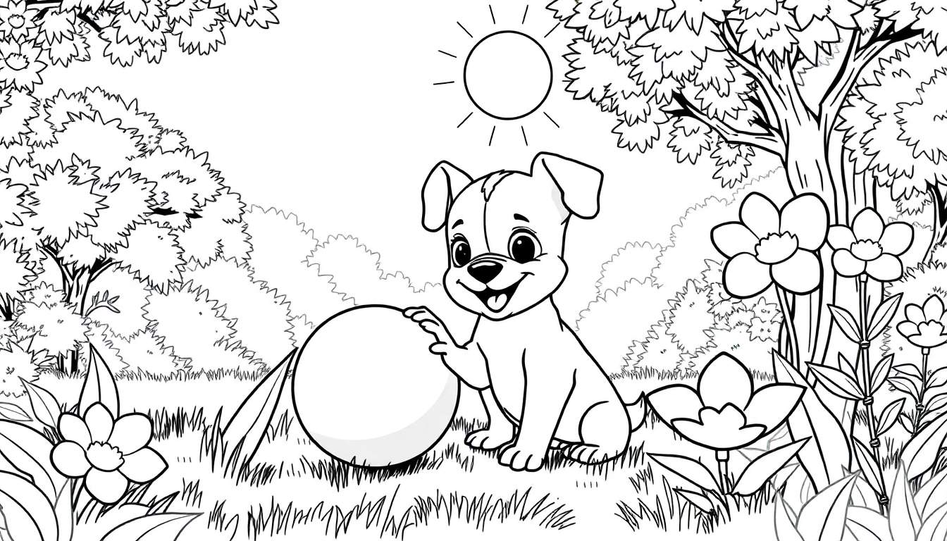 Um cachorrinho feliz sentado na grama ao lado de uma bola grande em um color panel.