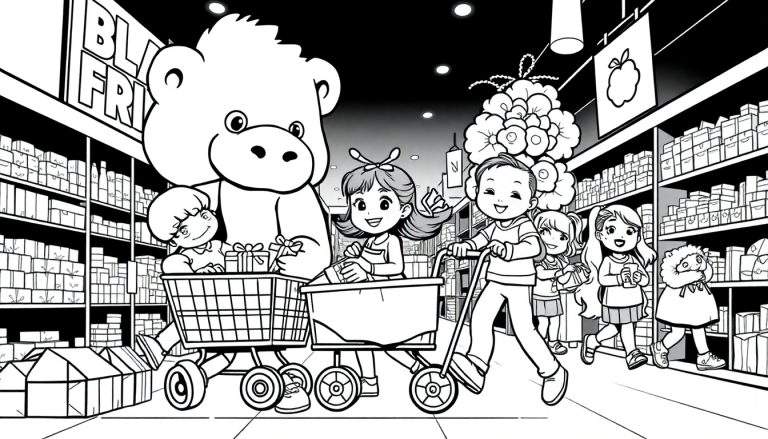 Crianças a fazer compras na Black Friday, com um macaco de peluche a empurrar um carrinho.