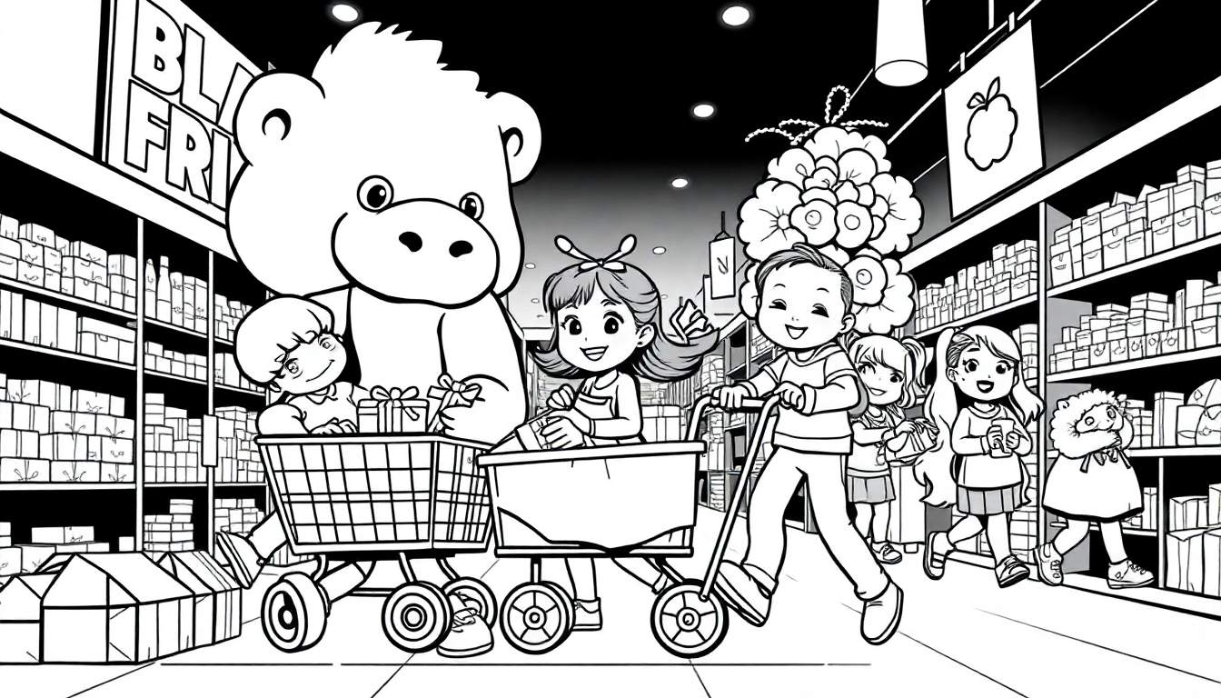 Crianças a fazer compras na Black Friday, com um macaco de peluche a empurrar um carrinho.