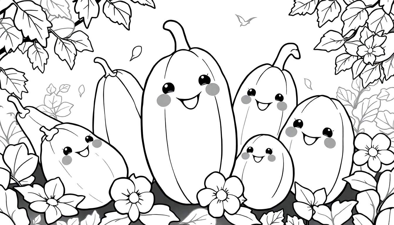 Ilustração em preto e branco de abóboras sorridentes em meio a flores e folhagens, com um pássaro voando ao fundo. Inclui um color panel.