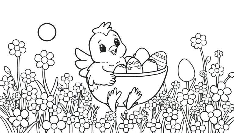 Desenho para colorir de um filhote fofo com ovos de Páscoa e flores, em preto e branco, pronto para colorir com um color panel.