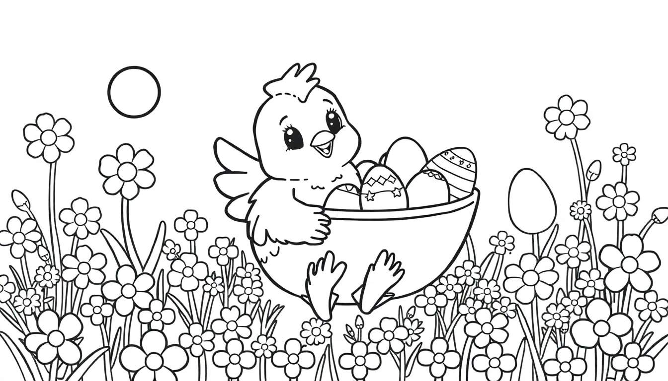 Desenho para colorir de um filhote fofo com ovos de Páscoa e flores, em preto e branco, pronto para colorir com um color panel.