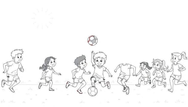 Ilustração em preto e branco de crianças a jogar futebol num campo relvado com o sol desenhado no céu. Um color panel divertido para jovens futebolistas.