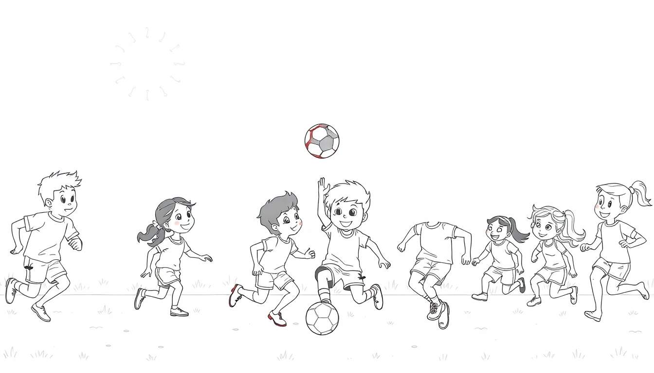 Ilustração em preto e branco de crianças a jogar futebol num campo relvado com o sol desenhado no céu. Um color panel divertido para jovens futebolistas.