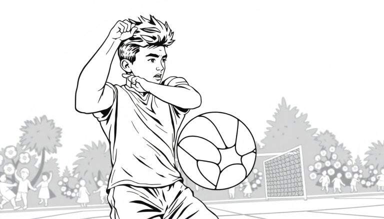 Desenho a preto e branco de um jovem a jogar futebol num parque, controlando a bola com a cabeça, com um campo de futebol e outras crianças ao fundo.