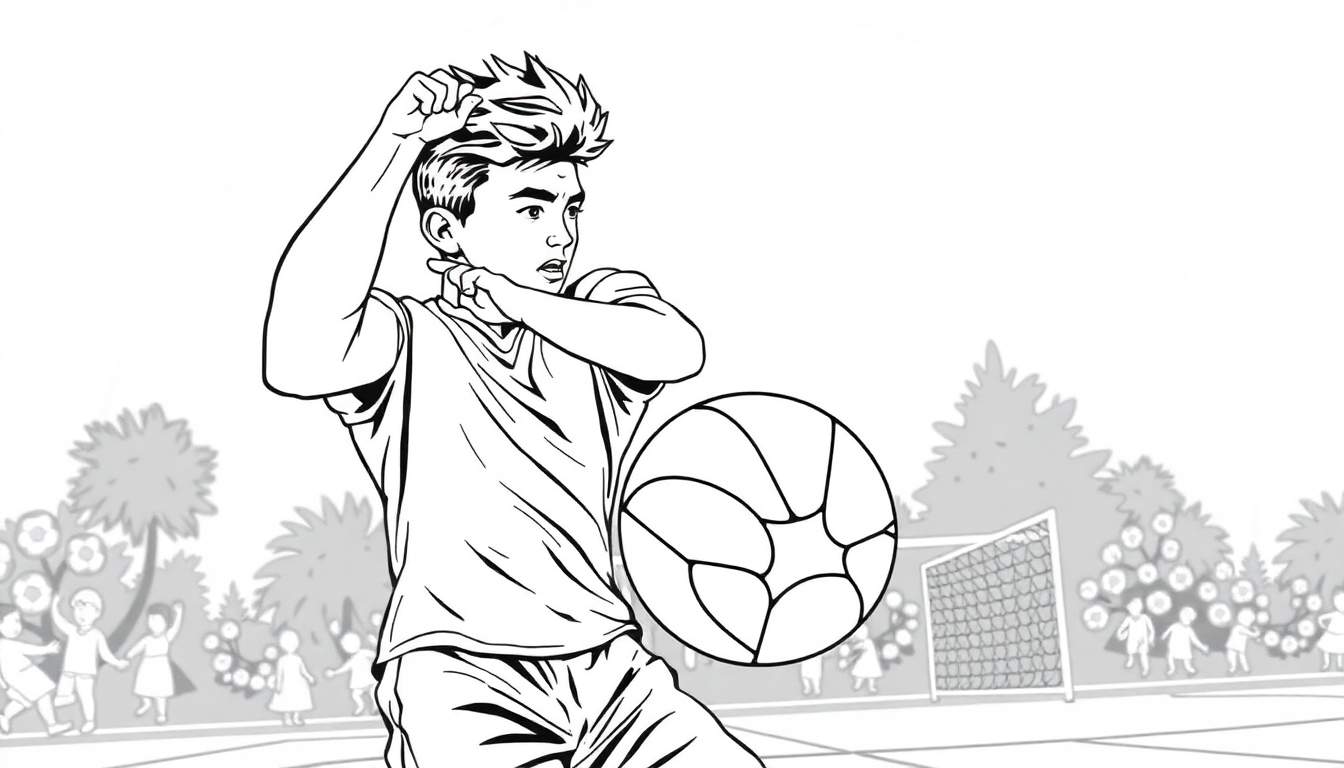 Desenho a preto e branco de um jovem a jogar futebol num parque, controlando a bola com a cabeça, com um campo de futebol e outras crianças ao fundo.