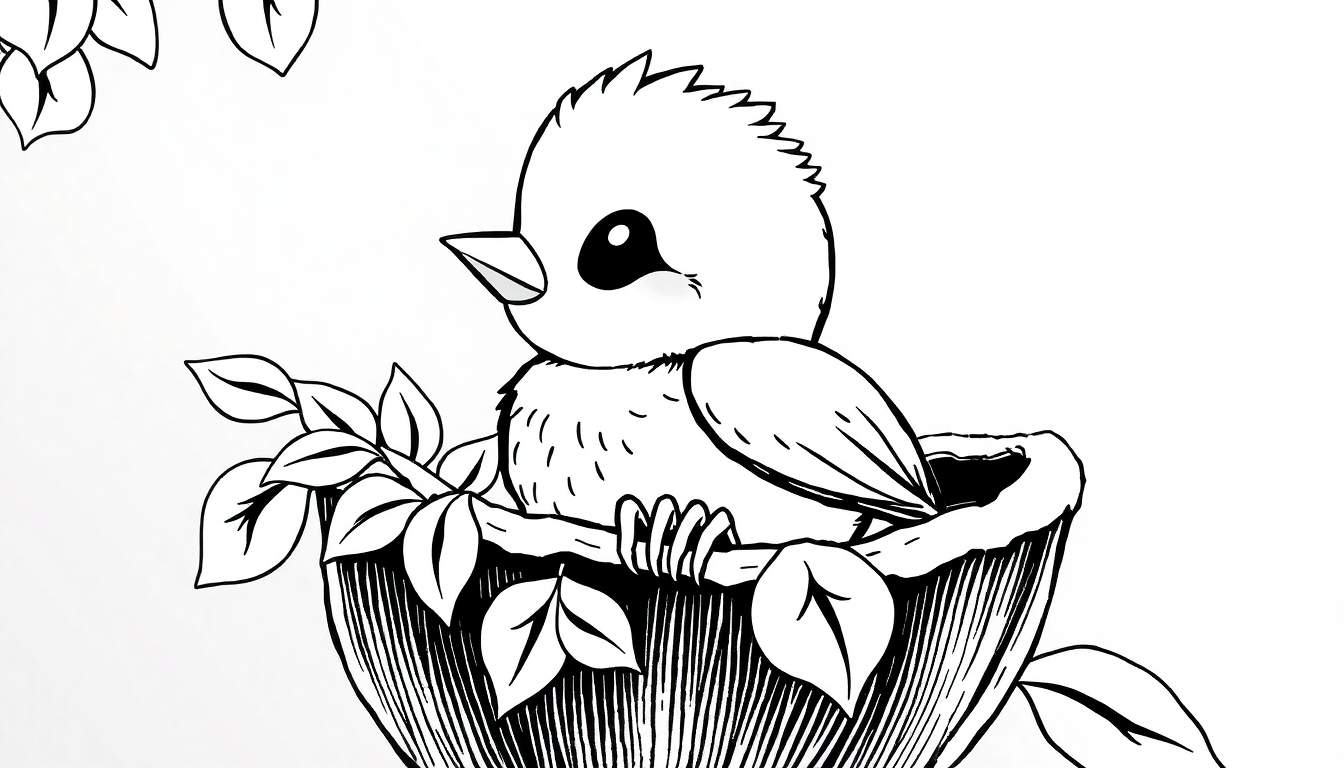 Um filhote de passarinho adorável em um ninho, pronto para ser pintado.