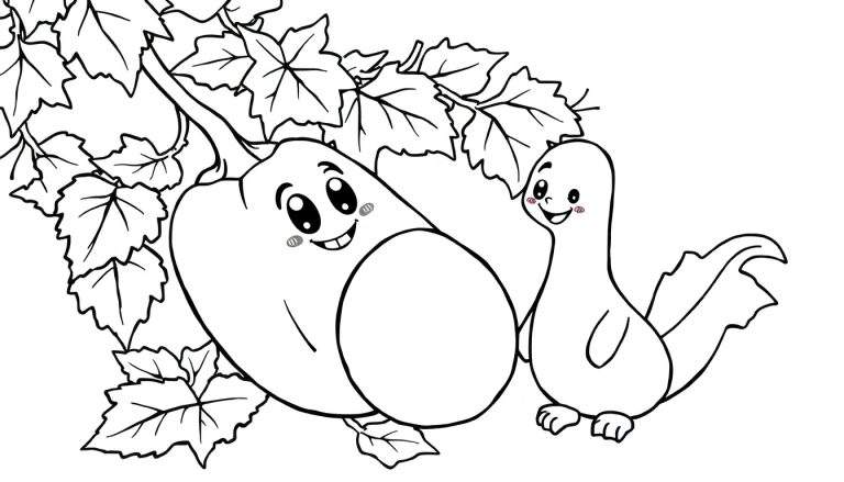 Página para colorir de outono com uma fruta sorridente e um pássaro adorável.