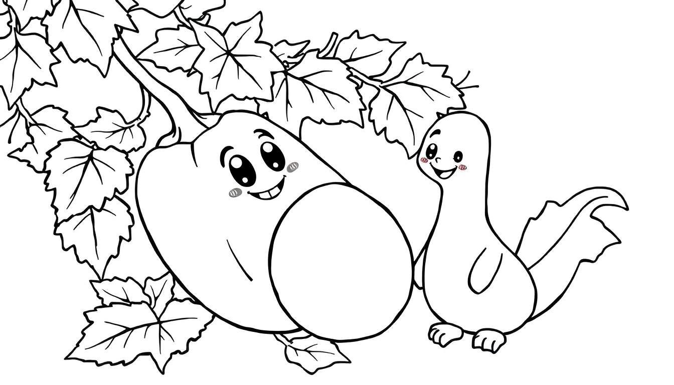 Página para colorir de outono com uma fruta sorridente e um pássaro adorável.