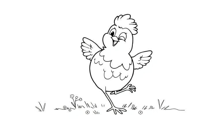Um pintinho animado com um olho fechado e um sorriso, de pé sobre uma perna, com asas abertas, em um campo com grama e flores.