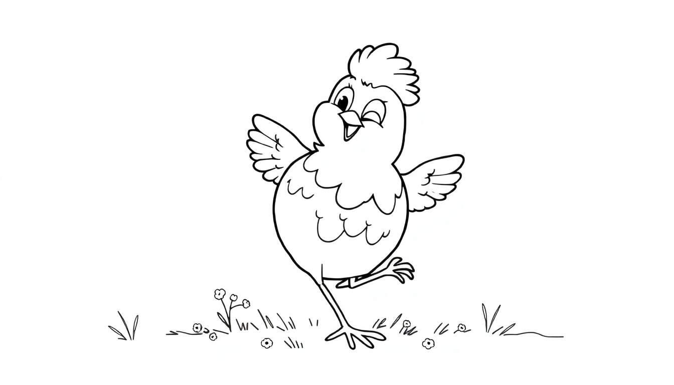 Um pintinho animado com um olho fechado e um sorriso, de pé sobre uma perna, com asas abertas, em um campo com grama e flores.