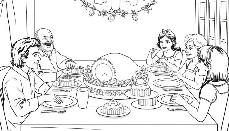 Família reunida em torno de uma mesa festiva, com comida e decorações de feriado.