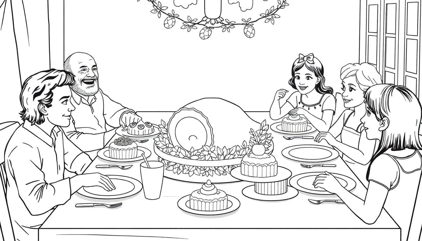 Família reunida em torno de uma mesa festiva, com comida e decorações de feriado.