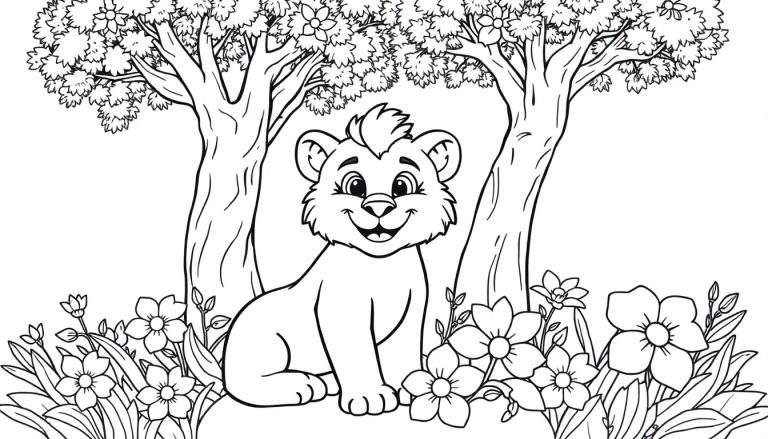 Filhote de leão sorrindo em uma clareira com flores e árvores, pronto para um color panel.