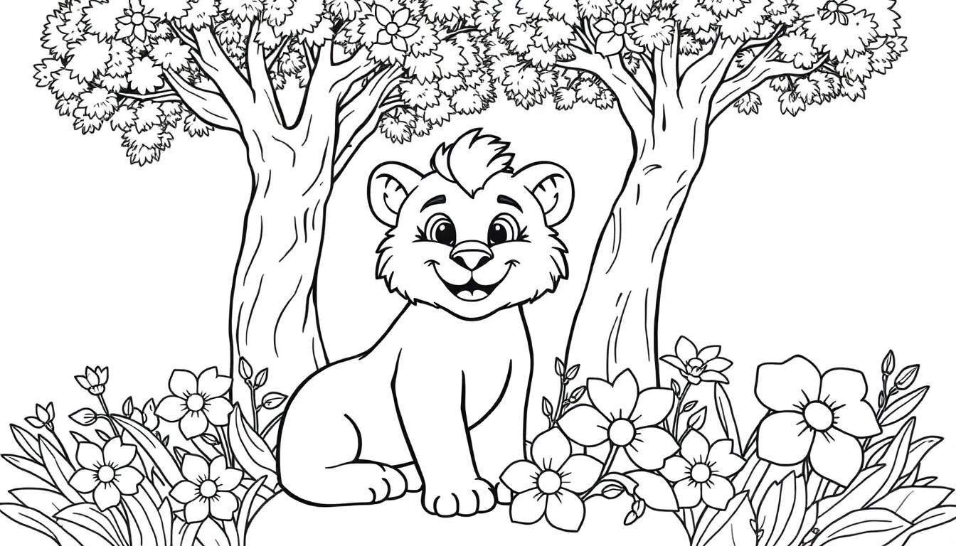 Filhote de leão sorrindo em uma clareira com flores e árvores, pronto para um color panel.