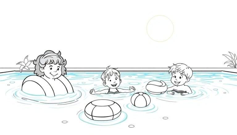 Crianças e uma mulher felizes brincando na piscina em um dia ensolarado, com flutuadores e uma bola.