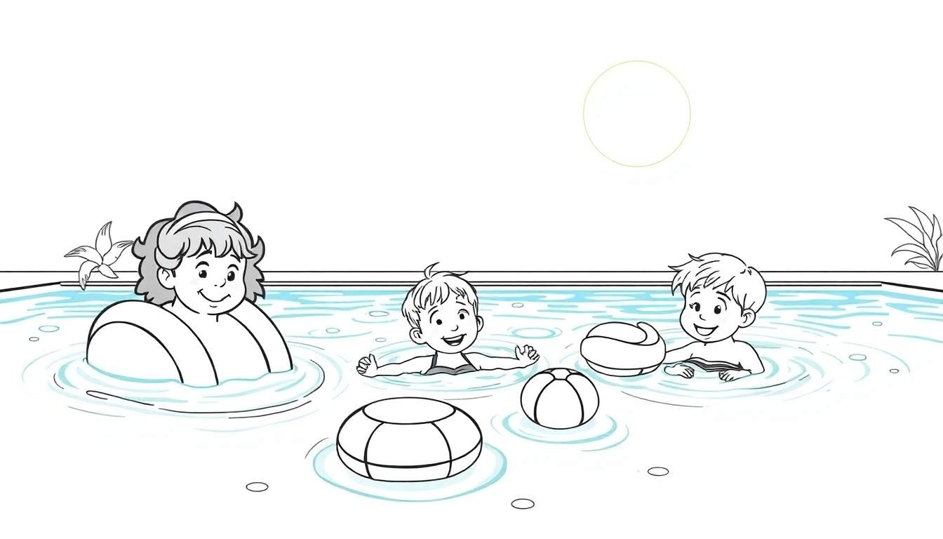 Crianças e uma mulher felizes brincando na piscina em um dia ensolarado, com flutuadores e uma bola.