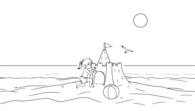Desenho em preto e branco de uma menina perto de um castelo de areia com uma bola de praia ao lado, sob um céu com sol e gaivota. Um color panel divertido!