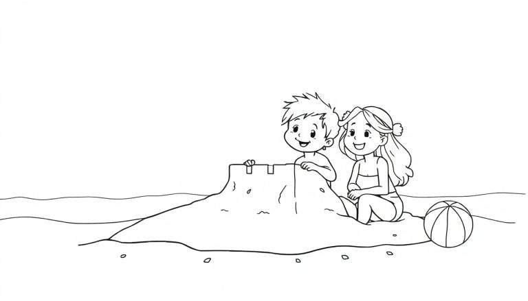 Um desenho em preto e branco de duas crianças brincando na praia perto de um castelo de areia. Um menino está atrás do castelo de areia e uma menina está sentada ao lado dele com uma bola de praia. Ondas do oceano estão ao fundo.