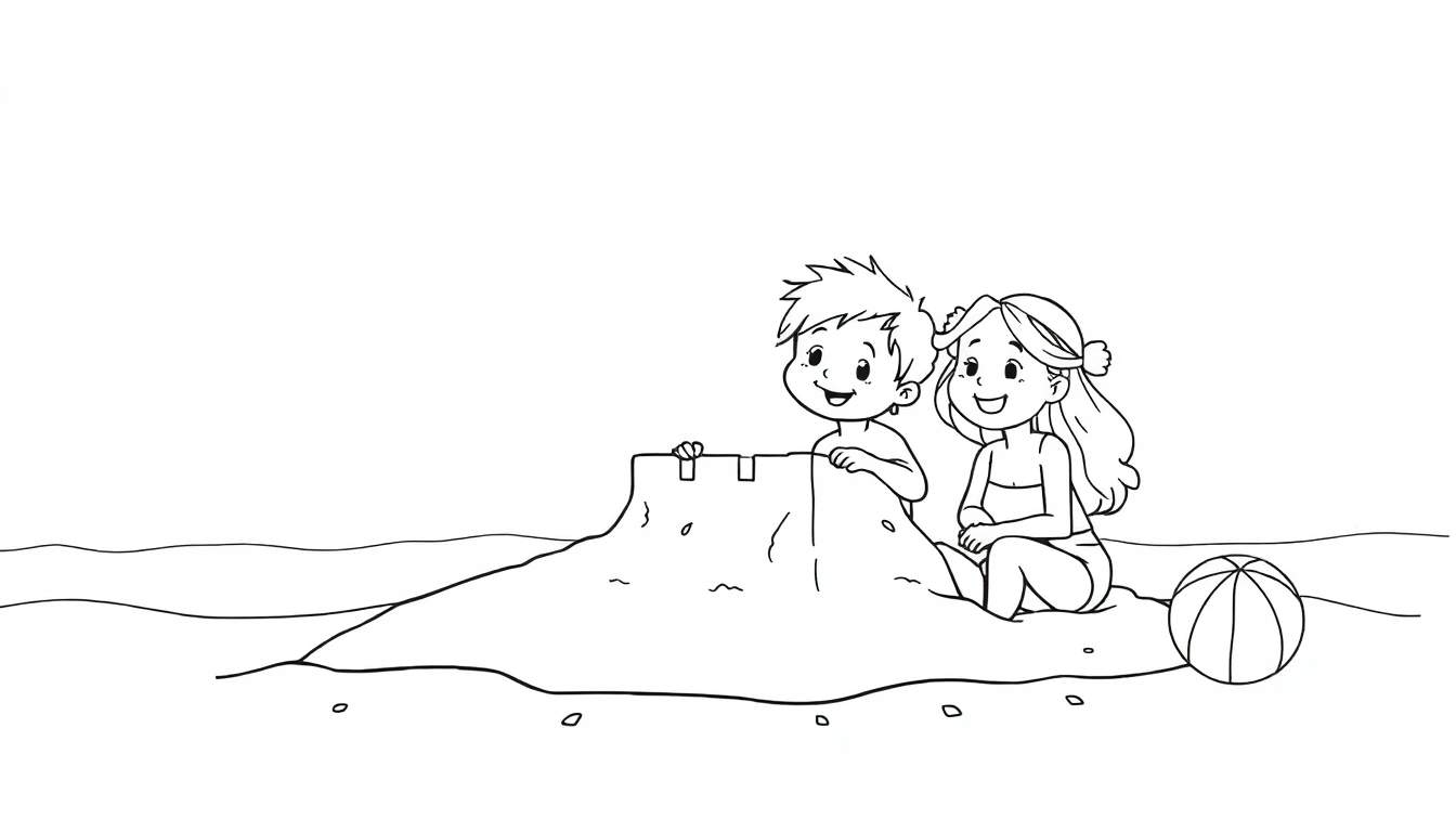 Um desenho em preto e branco de duas crianças brincando na praia perto de um castelo de areia. Um menino está atrás do castelo de areia e uma menina está sentada ao lado dele com uma bola de praia. Ondas do oceano estão ao fundo.