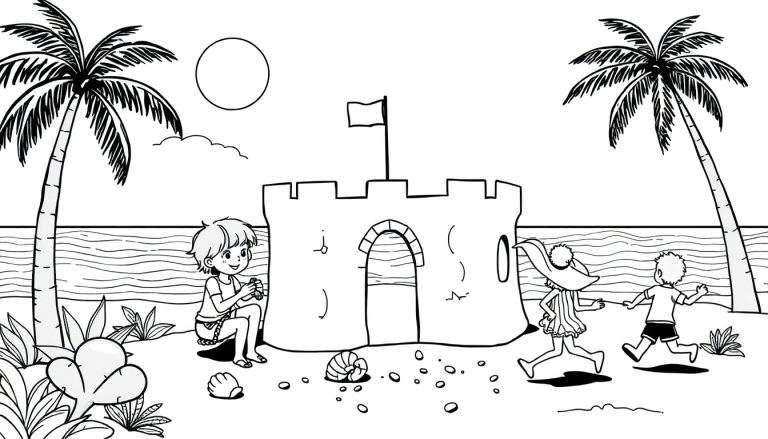 Desenho em preto e branco de uma praia com palmeiras, um castelo de areia, crianças e o oceano. O color panel mostra um dia ensolarado.