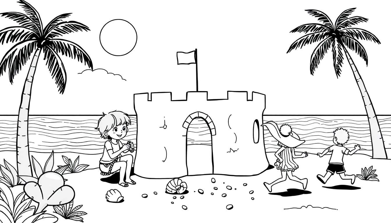 Desenho em preto e branco de uma praia com palmeiras, um castelo de areia, crianças e o oceano. O color panel mostra um dia ensolarado.