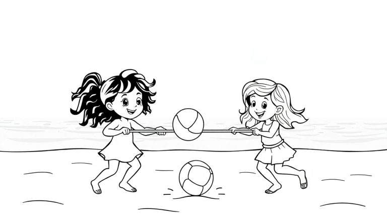 Duas meninas sorrindo brincando com um bastão e bola na praia.