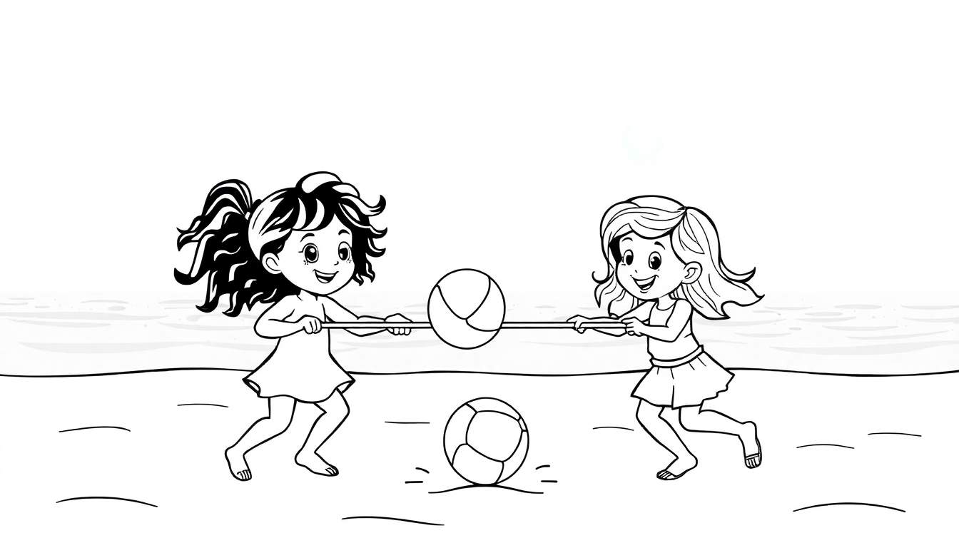 Duas meninas sorrindo brincando com um bastão e bola na praia.