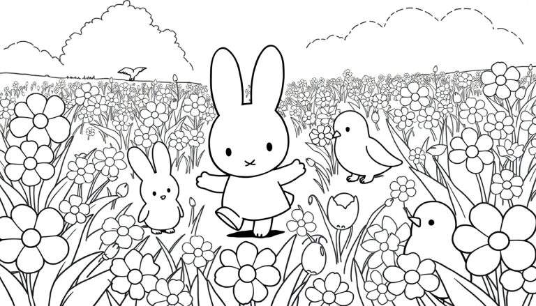 Desenho para colorir de um coelho grande com braços abertos, um coelho menor e dois pássaros em um campo florido. Um color panel divertido para a primavera.