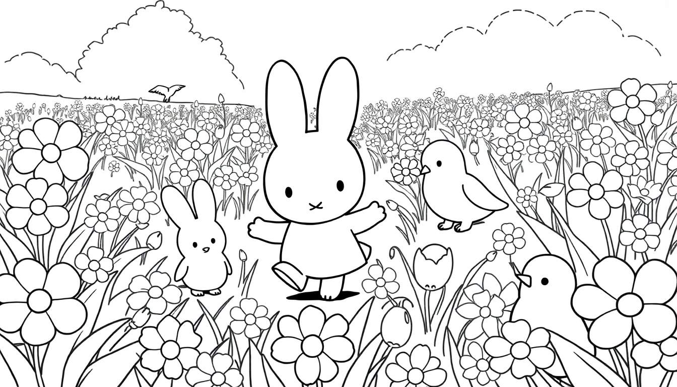 Desenho para colorir de um coelho grande com braços abertos, um coelho menor e dois pássaros em um campo florido. Um color panel divertido para a primavera.