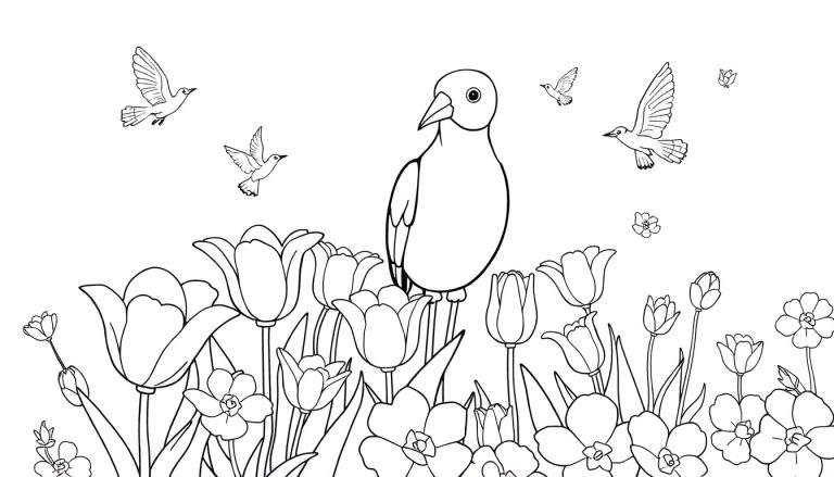 Um pássaro pousado em um campo de flores coloridas, com outros pássaros voando ao redor.