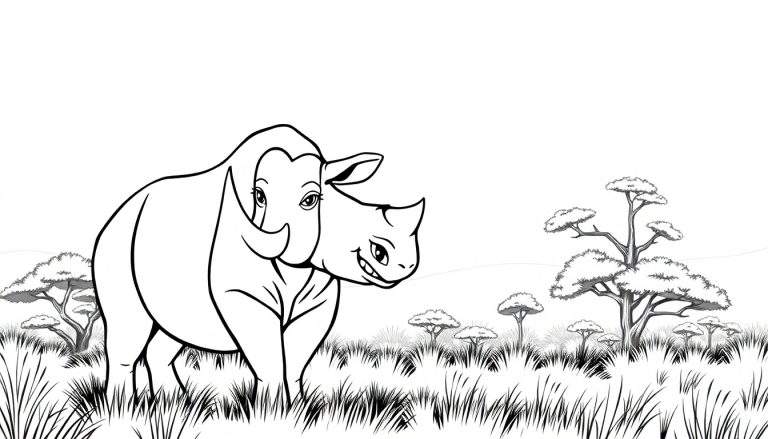 Um color panel com dois rinocerontes na savana africana.