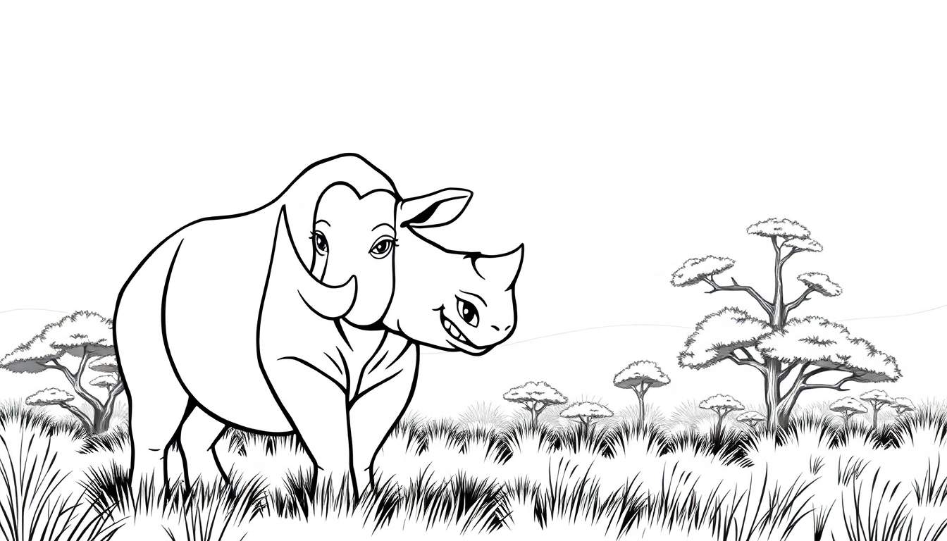 Um color panel com dois rinocerontes na savana africana.
