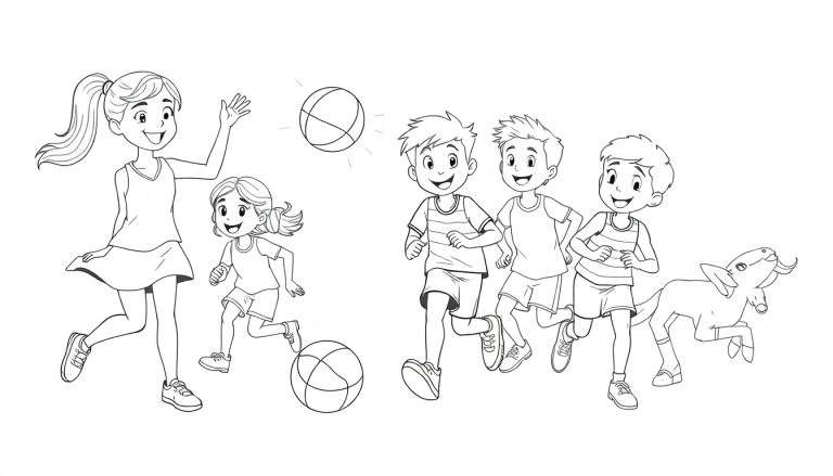 Desenho em preto e branco de crianças brincando com uma bola e um bode.