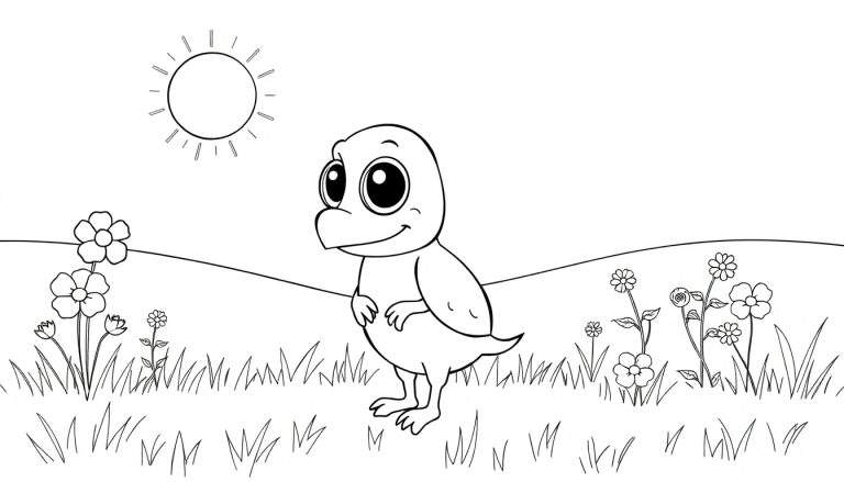 Um pássaro de desenho animado fofo em um campo com o sol brilhando.