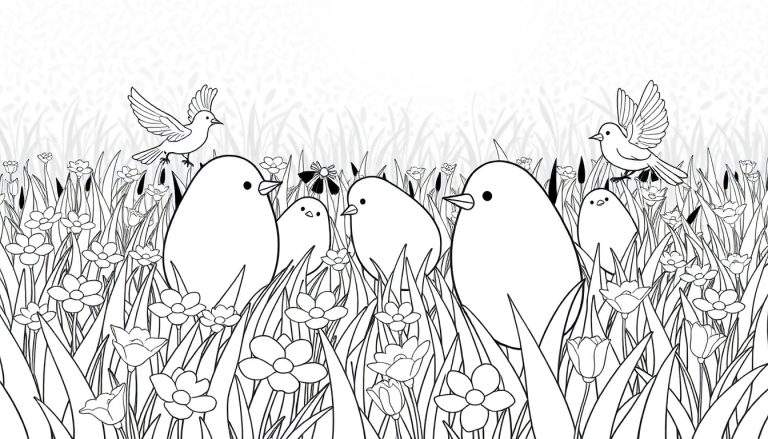 Pintinhos fofinhos num campo de flores e grama.